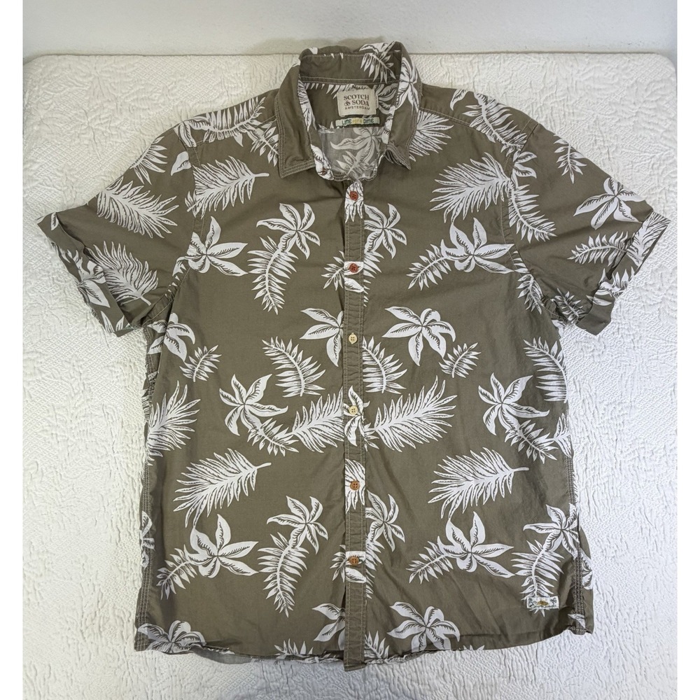 Scotch & Soda Amsterdam Endless Summer Tropical Fern Leaf Shirt Olive Green Sz L